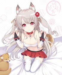 Rule 34 | 1girl, absurdres, animal, animal collar, animal ears, azur lane, bad id, bad pixiv id, bandaged arm, bandages, bed sheet, bell, blush, breasts, bridal gauntlets, budget sarashi, cleavage, collar, commentary request, dog, fingernails, flower, grey hair, groin, hair between eyes, hair flower, hair ornament, head tilt, heart, heart-shaped pupils, highres, jingle bell, kneeling, kyuujou komachi, long hair, looking at viewer, medium breasts, nail polish, navel, neck bell, no shoes, pleated skirt, polka dot, polka dot background, red collar, red eyes, red flower, red nails, red skirt, sarashi, skirt, smile, solo, symbol-shaped pupils, tail, thick eyebrows, thighhighs, two side up, very long hair, white thighhighs, wolf ears, wolf girl, wolf tail, yuudachi (azur lane)