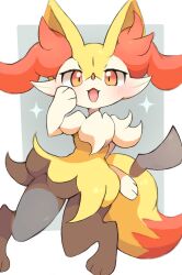 Rule 34 | 1girl, :3, absurdres, animal ear fluff, animal ears, animal feet, animal hands, animal nose, arm at side, black fur, blush, body fur, border, braixen, creatures (company), fang, female focus, fox ears, fox girl, fox tail, full body, furry, furry female, game freak, gen 6 pokemon, grey background, hand on own cheek, hand on own face, hand up, happy, highres, looking at viewer, multicolored fur, neck fur, nintendo, open mouth, outside border, pokemon, pokemon (creature), red eyes, samenoha (salmon no kaori), simple background, smile, snout, solo, standing, stick, tail, thighs, white border, white fur, yellow fur