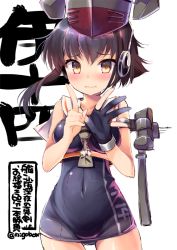Rule 34 | 1girl, asymmetrical hair, black hair, black one-piece swimsuit, brown eyes, character name, cowboy shot, crop top, framed breasts, gloves, hair between eyes, headphones, i-14 (kancolle), index finger raised, kantai collection, looking at viewer, machinery, n:go, neckerchief, one-piece swimsuit, open hand, partially fingerless gloves, sailor collar, school swimsuit, short hair, single glove, solo, swimsuit, translation request