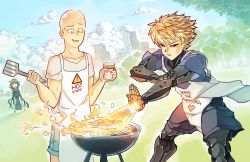 Rule 34 | 1girl, 2boys, apron, bald, black sclera, blonde hair, cityscape, clothes writing, cloud, collarbone, colored sclera, commentary, cooking, cyborg, day, dutch angle, earrings, fire, food, genos, green hair, grill, grilling, jewelry, multiple boys, mundane utility, one-punch man, outdoors, rtil, saitama (one-punch man), short hair, side slit, steak, stud earrings, sweatdrop, tatsumaki, yellow eyes, you&#039;re doing it wrong