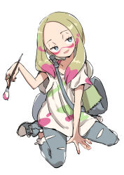 Rule 34 | 1girl, absurdres, bag, blonde hair, blue eyes, creatures (company), denim, duffel bag, game freak, gazacy (dai), highres, jeans, jewelry, kneeling, mina (pokemon), nintendo, notebook, open mouth, paint, paintbrush, pants, pokemon, pokemon sm, ring, smile, solo, torn clothes, torn pants, trial captain, white background