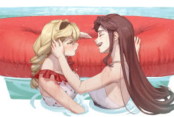 Rule 34 | 2girls, bare arms, bare shoulders, bikini, black hairband, blonde hair, blush, bow, braid, braided ponytail, breasts, brown hair, closed eyes, closed mouth, collarbone, commentary, day, face-to-face, facing another, fingernails, floral print, frilled bikini, frills, from side, frown, hair between eyes, hair bow, hairband, halterneck, hand in another&#039;s hair, hand on another&#039;s cheek, hand on another&#039;s face, hand up, hands up, highres, innertube, long hair, looking at another, medium breasts, multiple girls, nose blush, official alternate costume, official alternate hairstyle, open mouth, outdoors, parted bangs, partially submerged, print bikini, profile, red bow, red eyes, roozu ru, saijou claudine, shoujo kageki revue starlight, shoujo kageki revue starlight -re live-, sidelocks, single braid, smile, sparkle, swim ring, swimsuit, symbol-only commentary, teeth, tendou maya, upper body, upper teeth only, very long hair, water, water drop, wet, wet hair, white bikini, yuri