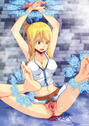 Rule 34 | 1girl, barefoot, blonde hair, blood, breasts, crying, fairy tail, feet, forced, gurowing, highres, large breasts, lucy heartfilia, restrained, saliva, solo, spread legs, tagme, uncensored