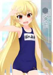 Rule 34 | 1girl, artist name, blue one-piece swimsuit, blush, boreas (kami project), character name, collarbone, cowboy shot, eyes visible through hair, flat chest, hair between eyes, highres, inaba shiki, kamihime project, logo, lon, looking at viewer, name tag, new school swimsuit, one-hour drawing challenge, one-piece swimsuit, school swimsuit, solo, swimsuit, teeth, upper teeth only