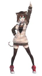 Rule 34 | 1girl, :d, absurdres, animal ears, arm up, black shirt, black thighhighs, breasts, brown hair, cat ears, cat girl, cat tail, doraimen (deroemon), fangs, full body, fumino tamaki, green eyes, hand on own hip, highres, hood, hood down, hoodie, large breasts, light brown hair, looking at viewer, miniskirt, multicolored hair, nijisanji, open clothes, open hoodie, open mouth, partially unzipped, pleated skirt, pointing, pointing up, red footwear, shirt, shoes, short hair, skirt, smile, sneakers, standing, tail, thighhighs, two-tone hair, virtual youtuber, zettai ryouiki