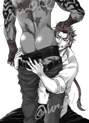 Rule 34 | 2boys, arm tattoo, ass, bara, belt, beowulf (fate), boxer briefs, butt crack, clothes pull, fate/grand order, fate (series), feet out of frame, greyscale, jun petals, li shuwen (young) (first ascension) (fate), male focus, male underwear, mature male, monochrome, multiple boys, muscular, muscular male, out of frame, pants, pants pull, ponytail, scar, scar on back, short hair, sideburns, smirk, standing, tattoo, topless male, underwear, undressing another