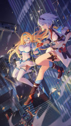 Rule 34 | 2girls, aircraft, armband, black-framed eyewear, black gloves, black shirt, blonde hair, blue eyes, blue hair, blue legwear, boots, breasts, cable, city, closed mouth, collared shirt, covered navel, criin (659503), crop top, cropped jacket, dutch angle, glasses, gloves, grin, hairband, half gloves, helicopter, high heel boots, high heels, highres, hilda (iron saga), holding, holster, iron saga, kelly (iron saga), knee up, kneehighs, large breasts, long hair, looking at another, multiple girls, navel, necktie, night, official art, one eye closed, outdoors, parted lips, profile, red gloves, red necktie, scar, scar across eye, scar on face, semi-rimless eyewear, shirt, short hair, sidelocks, silver hair, sleeves rolled up, smile, socks, thigh holster, thighhighs, thighs, under-rim eyewear, white legwear