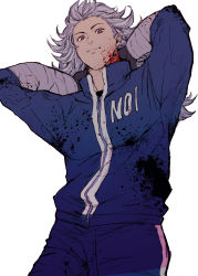 Rule 34 | 1girl, absurdres, blood, dorohedoro, earrings, gloves, highres, jacket, jewelry, long hair, looking at viewer, muscular, muscular female, noi (dorohedoro), pants, red eyes, sanso 74, simple background, smile, solo, track jacket, track pants, track suit, white hair