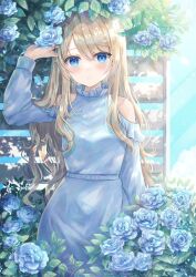 1girl absurdres bare_shoulders blonde_hair blue_dress blue_eyes blue_flower blue_rose blue_sky blush clothing_cutout cowboy_shot dappled_sunlight day dress flower fujimori_shiki garden hair_between_eyes hand_up highres long_hair long_sleeves looking_at_viewer original outdoors parted_lips rose second-party_source shoulder_cutout sky smile solo sunlight