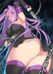 Rule 34 | 1girl, 92m, arm up, armpits, ass, bare shoulders, black dress, black sleeves, blush, breasts, chain, collar, dagger, detached sleeves, dress, facial mark, fate/stay night, fate (series), forehead, forehead mark, highres, knife, large breasts, long hair, long sleeves, looking at viewer, medusa (fate), medusa (rider) (fate), nameless dagger (fate), parted bangs, parted lips, purple collar, purple hair, short dress, sidelocks, solo, strapless, strapless dress, thighs, very long hair, weapon