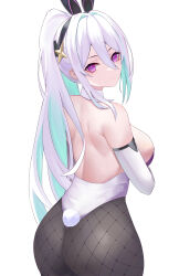 Rule 34 | 1girl, absurdres, animal ears, aqua pupils, ass, azur lane, back, backless leotard, backless outfit, cowboy shot, fake animal ears, fake tail, fishnet pantyhose, fishnets, from behind, hair between eyes, highres, kearsarge (all night charge) (azur lane), kearsarge (azur lane), leotard, looking at viewer, looking back, multicolored leotard, obniermarbiss, pantyhose, playboy bunny, ponytail, purple eyes, strapless, strapless leotard, tail, white background, white hair