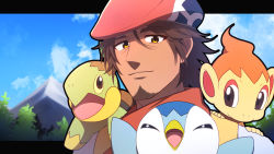 Rule 34 | 1boy, :d, belmond banderas, beret, blue sky, brown eyes, brown hair, chimchar, choco (chocovix112), closed eyes, closed mouth, cloud, cloudy sky, cosplay, creatures (company), facial hair, game freak, gen 4 pokemon, hair between eyes, hat, highres, letterboxed, lucas (pokemon), lucas (pokemon) (cosplay), male focus, mountain, nijisanji, nintendo, open mouth, parted bangs, piplup, poke ball symbol, pokemon, pokemon dppt, red headwear, red scarf, scarf, sky, smile, stubble, thick eyebrows, turtwig, upper body, virtual youtuber