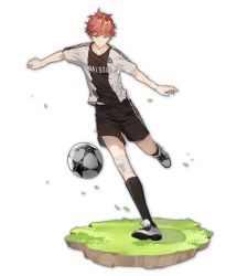 Rule 34 | 1boy, artist request, ball, copyright name, game cg, grass, highres, kicking, knee brace, mahjong soul, male focus, official art, playing sports, red hair, simple background, soccer ball, soccer uniform, solo, sportswear, sweatband, takigawa natsuhiko, transparent background, white footwear, yellow eyes, yostar