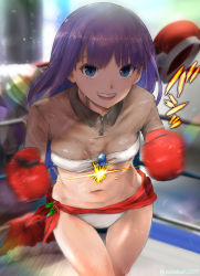 Rule 34 | 1girl, akabeko207, blue eyes, boxing gloves, boxing ring, christmas ornaments, fate/grand order, fate (series), highres, jewelry, martha (fate), navel, purple hair, see-through, smile, solo, teeth, thighs