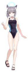 Rule 34 | 1girl, animal ear fluff, animal ears, bare arms, bare legs, bare shoulders, black one-piece swimsuit, blue archive, blue eyes, blue halo, breasts, closed mouth, collarbone, competition swimsuit, cross hair ornament, extra ears, full body, grey hair, hair ornament, halo, highres, koyoi mitsuki, looking at viewer, medium breasts, medium hair, official alternate costume, one-piece swimsuit, sandals, shiroko (blue archive), shiroko (swimsuit) (blue archive), simple background, solo, swimsuit, white background, wolf ears