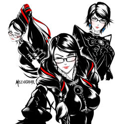 Rule 34 | 1girl, artist name, bayonetta, bayonetta (series), bayonetta 1, bayonetta 2, bayonetta 3, braid, breasts, closed mouth, commentary, earrings, frills, glasses, head tilt, jewelry, lips, lipstick, long hair, looking at viewer, makeup, medium breasts, meziosaur, mole, mole under mouth, monochrome, multiple girls, one eye closed, red lips, short hair, signature, simple background, smile, twin braids, twintails, upper body, white background