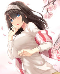 Rule 34 | 1girl, blue eyes, blush, breasts, brown hair, commentary request, fingernails, flower, hair between eyes, hair over eyes, hairband, hand in own hair, hand up, highres, idolmaster, idolmaster cinderella girls, large breasts, long hair, oga raito, open mouth, petals, sagisawa fumika, smile, solo, tongue, white hairband