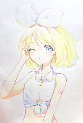 Rule 34 | 1girl, ;o, absurdres, bare arms, bare shoulders, blonde hair, blue eyes, bow, collarbone, colored pencil (medium), hair bow, tucking hair, highres, kagamine rin, midriff, noa (retsuhim6927), number tattoo, one eye closed, pale skin, parted lips, shirt, shoulder tattoo, skinny, sleeveless, sleeveless shirt, solo, swept bangs, tattoo, tied shirt, traditional media, vocaloid, white bow, white shirt