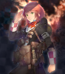 Rule 34 | 1girl, armband, asa (y-asa), blonde hair, checkered background, dagger, emblem, female focus, fire, gradient background, green eyes, hammer and sickle, hat, holster, knife, light smile, lips, military, military uniform, original, salute, short hair, solo, uniform, weapon