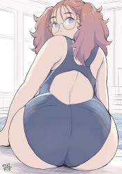 Rule 34 | 1girl, absurdres, ass, blue eyes, blue one-piece swimsuit, blush, brown hair, competition swimsuit, glasses, hadashi no kenji, highres, indoors, long hair, looking back, one-piece swimsuit, original, pool, sitting, solo, swimsuit, twintails