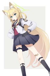 Rule 34 | 0kami 89zo, 1girl, :&lt;, absurdres, animal ears, bandaid, bandaid on knee, bandaid on leg, blonde hair, blue archive, blue eyes, blush, breasts, closed mouth, commentary request, fox ears, gloves, hair between eyes, halo, headphones, highres, kurumi (blue archive), long hair, looking at viewer, school uniform, simple background, small breasts, socks, solo, white background