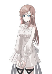 Rule 34 | 1girl, bare shoulders, blue eyes, blush, breasts, brown hair, chihuri, closed mouth, clothing cutout, dress, final fantasy, final fantasy xiv, highres, long hair, long sleeves, looking at viewer, puffy long sleeves, puffy sleeves, ryne waters, shoulder cutout, simple background, sleeves past wrists, small breasts, solo, very long hair, white background, white dress
