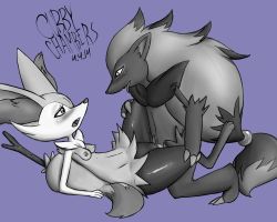Rule 34 | 1boy, 1girl, animal ears, animal hands, arm support, artist name, blush, braixen, breasts, claws, clitoris, creatures (company), cubbychambers, dated, erection, fang, feet, fox ears, fox tail, full body, furry, game freak, gen 5 pokemon, gen 6 pokemon, hair ornament, half-closed eyes, hetero, highres, kneeling, legs up, long hair, looking down, looking up, lying, monochrome, multicolored hair, navel, nintendo, nipples, on back, open mouth, penis, pokemon, pokemon (creature), pokemon bw, pokemon xy, purple background, pussy, sex, signature, simple background, small breasts, smile, spread legs, stick, tail, teeth, text focus, tongue, tongue out, two-tone hair, uncensored, vaginal, wolf ears, zoroark