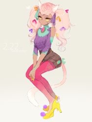 Rule 34 | 1girl, animal ears, bare shoulders, bow, braid, brooch, cat ears, cat tail, dark-skinned female, dark skin, detached sleeves, full body, hair bow, hair ornament, heart, high heels, homua, jewelry, nail polish, original, pantyhose, pantyhose under shorts, pink hair, pink pantyhose, shoes, shorts, simple background, sitting, solo, tail, tail bow, tail ornament, tattoo, text focus, twintails, yellow eyes, yellow nails