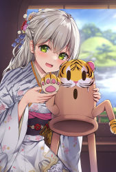 Rule 34 | 1girl, :d, animal print, blue flower, blue rose, blurry, blurry background, brown flower, chinese zodiac, commentary request, depth of field, flower, green eyes, grey hair, hair between eyes, hair flower, hair ornament, highres, japanese clothes, kimono, long sleeves, looking at viewer, obi, open mouth, original, pink flower, print kimono, red flower, red rose, rose, sash, smile, solo, tiger print, tsuchikure, water, white flower, white kimono, wide sleeves, year of the tiger, yellow flower