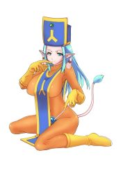 Rule 34 | 1girl, blue eyes, blue hair, blush, bodysuit, boots, breasts, buri, chunsoft, colored skin, cosplay, dragon quest, dragon quest iii, dragon quest x, enix, gloves, hat, highres, horns, large breasts, long hair, matching hair/eyes, mitre, navel, ogre (dq10), pointy ears, priest (dq3), priest (dq3) (cosplay), red skin, simple background, sitting, skin tight, slime (dragon quest), smile, solo, strap pull, tabard, tail, tattoo, wariza, white background