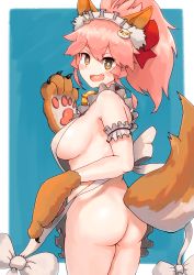 Rule 34 | 1girl, absurdres, animal ears, animal hands, apron, ass, bell, blush, bow, breasts, cat hair ornament, collar, fate/grand order, fate (series), fox ears, fox tail, gloves, hair bow, hair ornament, hair ribbon, highres, katsu (katsupainter), large breasts, long hair, looking at viewer, maid headdress, naked apron, neck bell, open mouth, paw gloves, pink hair, ribbon, simple background, solo, tail, tamamo (fate), tamamo cat (fate), tamamo cat (third ascension) (fate), yellow eyes