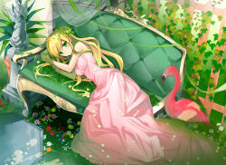 Rule 34 | 1girl, bad id, bad pixiv id, bird, blonde hair, breasts, clenched hand, clenched hands, couch, dress, flamingo, green eyes, green upholstery, hair ornament, hayama eishi, head leaves, leaf hair ornament, long hair, looking at viewer, lying, on side, original, pink dress, plant, solo, statue, vines