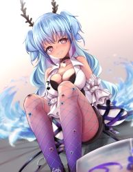 Rule 34 | 1girl, absurdres, antennae, blue hair, blush, bobicess, breasts, cleavage, collarbone, commentary, detached sleeves, english commentary, fishnets, highres, large breasts, liquid hair, long hair, looking to the side, purple eyes, sleeves past fingers, sleeves past wrists, slug girl, smile, solo, tsunderia, two side up, umiushi urara, very long hair, virtual youtuber