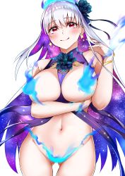 Rule 34 | 1girl, absurdres, bare shoulders, blue fire, blue hair, blush, bracelet, breasts, earrings, fate/grand order, fate (series), fire, flower, hair flower, hair ornament, hair ribbon, highres, jewelry, kama (fate), kama (swimsuit avenger) (fate), kama (swimsuit avenger) (third ascension) (fate), large breasts, len (hand linke), long hair, looking at viewer, lotus, multicolored hair, navel, red eyes, revealing clothes, ribbon, silver hair, smile, solo, star (symbol), star earrings, thighs, two-tone hair