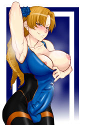 Rule 34 | 1futa, armpits, arms behind back, blonde hair, breasts, bulge, cum, erection, erection under clothes, fate/stay night, fate (series), futanari, highres, large breasts, leotard, looking at viewer, luviagelita edelfelt, nail polish, nipples, penis, precum, red eyes, skin tight, smile, solo, steam, sweat, tammaro, tammdraws, veins, veiny penis