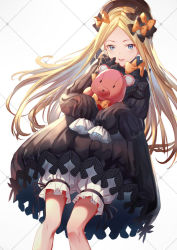 Rule 34 | 1girl, abigail williams (fate), black bow, black dress, black hat, blonde hair, bloomers, blue eyes, bow, bug, butterfly, commentary request, dress, fate/grand order, fate (series), forehead, hair bow, hat, holding, holding stuffed toy, insect, long hair, long sleeves, looking at viewer, orange bow, parted bangs, parted lips, polka dot, polka dot bow, sleeves past wrists, sola (solo0730), solo, stuffed animal, stuffed toy, teddy bear, underwear, very long hair, white bloomers