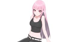 Rule 34 | 1girl, 3d, arms at sides, bare shoulders, belt, breasts, cleavage, death-sensei (mori calliope), death (entity), grim reaper, highres, hololive, hololive english, long hair, looking at viewer, medium breasts, mori calliope, pink hair, red eyes, shirt, simple background, sitting, skull, solo, t-shirt, tattoo, very long hair, virtual youtuber, white background