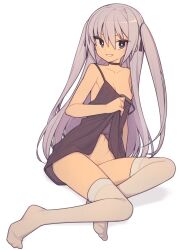 Rule 34 | 1girl, bare shoulders, black choker, black nightgown, black ribbon, breasts, choker, clothes lift, collarbone, everyntrge, female focus, full body, grey hair, grin, hair ribbon, lifted by self, long hair, looking at viewer, navel, nightgown, nipple slip, nipples, no panties, off shoulder, original, ribbon, simple background, sitting, small breasts, smile, solo, teeth, thighhighs, two side up, white background, white thighhighs