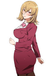 Rule 34 | ass, blush, brown legwear, clenched hands, earrings, formal, frown, highres, jewelry, light brown hair, lipstick, looking back, makeup, maroon skirt, office lady, pai reshixyu, pencil skirt, red eyes, skirt, skirt suit, solo, standing, suit