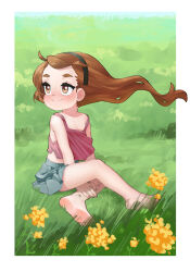 Rule 34 | 1girl, arm between legs, bare legs, barefoot, black hairband, brown eyes, brown hair, child, closed mouth, feet, female focus, full body, grey skirt, hairband, highres, long hair, looking to the side, on grass, on ground, original, outdoors, shirt, skirt, sleeveless, sleeveless shirt, smile, soles, solo, spaghetti strap, thighs, toes, yokappa (jokappa)