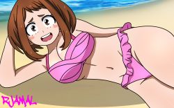 Rule 34 | 1girl, arm at side, armpits, artist name, beach, bikini, bikini skirt, blush stickers, boku no hero academia, breasts, brown eyes, brown hair, cleavage, collarbone, day, embarrassed, eyebrows, eyelashes, female focus, groin1girl, hand on own head, highres, legs, legs together, looking at viewer, lying, matching hair/eyes, medium breasts, medium hair, midriff, navel, neck, ocean, on side, open mouth, outdoors, pink bikini, rjamal, shiny clothes, shiny skin, sidelocks, signature, sky, solo, summer, swimsuit, thighs, uraraka ochako, wide hips