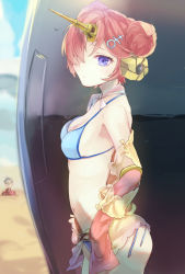 Rule 34 | 1boy, 1girl, armpit peek, bare shoulders, bikini, blue bikini, blush, breasts, buried, cleavage, closed mouth, commentary, cowboy shot, detached collar, detached sleeves, double bun, fate/grand order, fate (series), frankenstein&#039;s monster (fate), frankenstein&#039;s monster (swimsuit saber) (fate), frankenstein&#039;s monster (swimsuit saber) (second ascension) (fate), from side, hair bun, hair ornament, hair over one eye, hairclip, headgear, horns, james moriarty (archer) (fate), light blush, long sleeves, looking at viewer, looking to the side, medium breasts, navel, one eye covered, pink hair, purple eyes, sailor collar, sand, sideboob, single horn, sleeves past wrists, solo focus, standing, stuck, swimsuit, tomozero