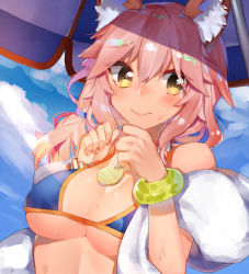 Rule 34 | 1girl, animal ears, bad id, bad nicoseiga id, blush, breasts, cleavage, closed mouth, fate/grand order, fate (series), fox ears, inusaka, jewelry, large breasts, looking at viewer, necklace, pink hair, smile, solo, sweatdrop, tamamo (fate), tamamo no mae (fate/extra), tamamo no mae (swimsuit lancer) (fate), tamamo no mae (swimsuit lancer) (third ascension) (fate), upper body, yellow eyes