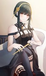 Rule 34 | 1girl, absurdres, bare shoulders, black choker, black dress, black hair, black thighhighs, blush, breasts, chair, choker, closed mouth, collarbone, dagger, dress, eyes visible through hair, flower, flower necklace, fu u03, gold hairband, hair flower, hair ornament, hairband, highres, holding, holding dagger, holding knife, holding weapon, indoors, jewelry, knees up, knife, light smile, long hair, looking at viewer, necklace, red eyes, sitting, sleeveless, solo, spy x family, thighhighs, thighs, two-sided dress, two-sided fabric, weapon, yor briar, zettai ryouiki
