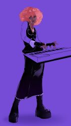 Rule 34 | boots, dark-skinned female, dark skin, earrings, fingerless gloves, gloves, gothic, gothic fashion, hoop earrings, instrument, jewelry, keyboard (instrument), long skirt, luna (scooby-doo), purple background, purple theme, scooby-doo, skirt