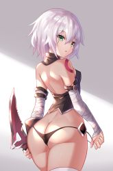 Rule 34 | 1girl, :o, arm belt, ass, back, bandaged arm, bandages, bare shoulders, black gloves, black panties, breasts, buckle, butt crack, cowboy shot, dagger, elbow gloves, fate/grand order, fate (series), fingerless gloves, from behind, gloves, green eyes, hair between eyes, heiyan shenshi, highres, holding, holding weapon, jack the ripper (fate/apocrypha), knife, looking at viewer, looking back, open mouth, panties, panty pull, pulling own clothes, scar, scar across eye, scar on face, short hair, shoulder blades, shoulder tattoo, silver hair, single elbow glove, skindentation, small breasts, solo, standing, tattoo, thighhighs, two-tone background, underwear, weapon, white thighhighs