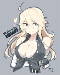 Rule 34 | + +, 10s, 1girl, ahoge, bare shoulders, black eyes, blonde hair, blue eyes, breasts, character name, cleavage, crossed arms, elbow gloves, fingerless gloves, gloves, hair between eyes, iowa (kancolle), kantai collection, large breasts, long hair, shigino sohuzi, smile, solo, star-shaped pupils, star (symbol), symbol-shaped pupils, upper body