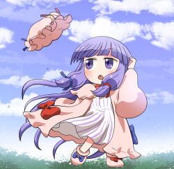 Rule 34 | 1girl, blush, day, dress, hat, long hair, long sleeves, mob cap, open mouth, patchouli knowledge, pink footwear, pink hat, purple eyes, purple hair, rokugou daisuke, shoes, sidelocks, signature, solo, striped clothes, striped dress, touhou, unworn hat, unworn headwear, vertical-striped clothes, vertical-striped dress