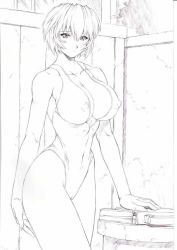 Rule 34 | 1girl, alternate breast size, ayanami rei, breasts, cameltoe, casual one-piece swimsuit, cleavage, cleft of venus, covered erect nipples, cowboy shot, curvy, greyscale, impossible clothes, impossible swimsuit, large breasts, mogudan, monochrome, neon genesis evangelion, one-piece swimsuit, scan, short hair, sketch, solo, swimsuit