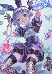 1girl, blue eyes, bunny, bunny hair ornament, commentary request, cup, drinking glass, eyelashes, fishnet gloves, fishnet legwear, fishnets, glasses, gloves, gradient, gradient background, hair ornament, hairband, highres, itsuki (otsugei), looking at viewer, original, shoes, short hair, solo, thighhighs, thighs, wine glass